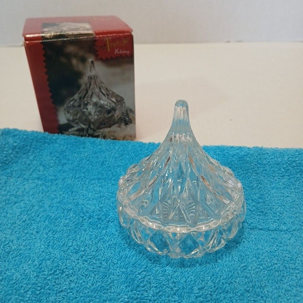 Vtg. 1996 HFC Hershey Kiss Shaped Crystal Candy Dish W/Lid Mini 4”x3” Opened Box